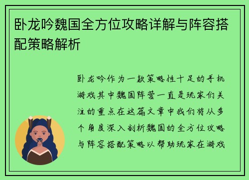 卧龙吟魏国全方位攻略详解与阵容搭配策略解析